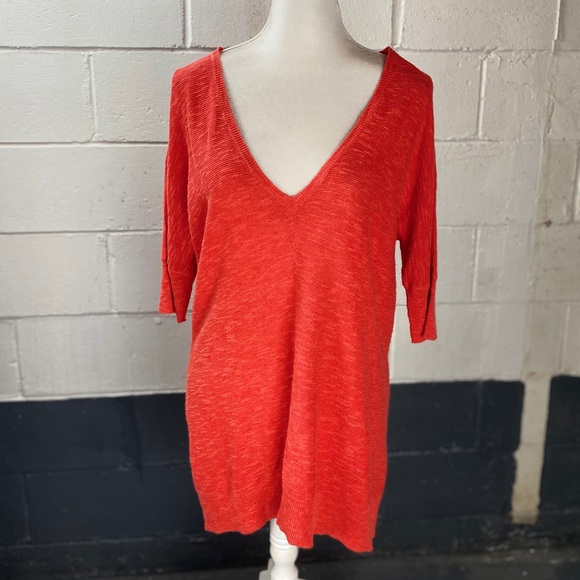 Eileen Fisher Knit V-Neck Top Tee Orange Small - Picture 2 of 8